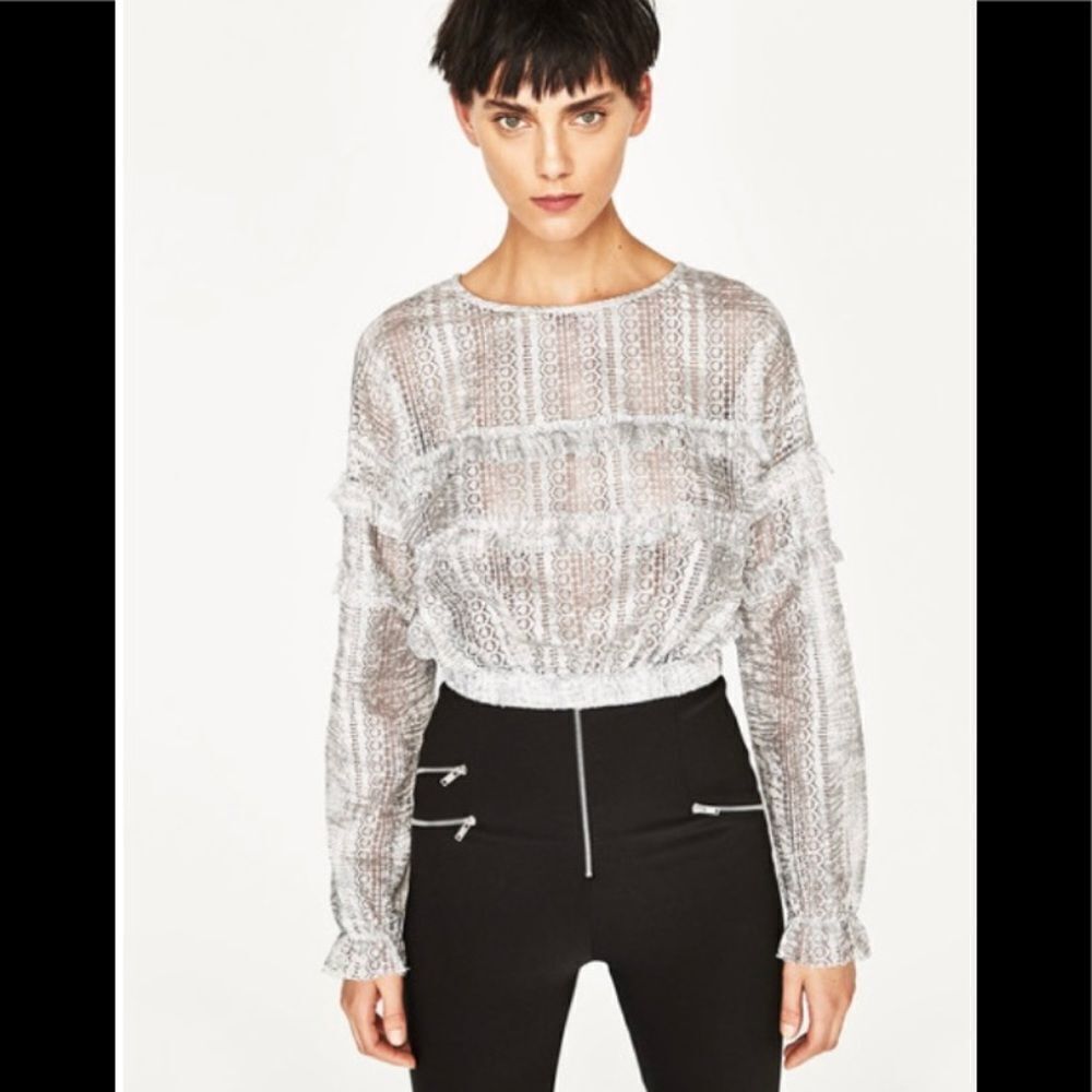 ZARA Y2K cream lace with frill ruffle long sleeves crop top blouse S